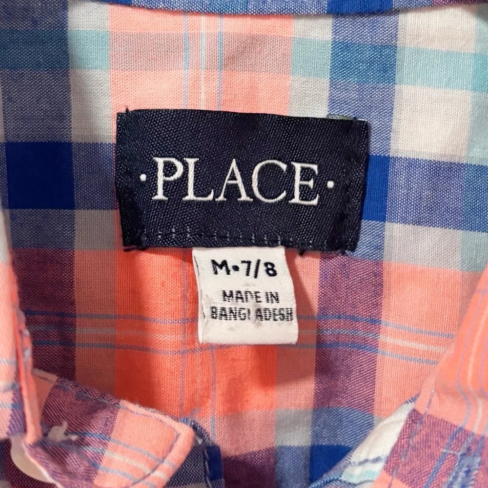 The Children's Place Kids‎ Orange and Blue Plaid Button-Down Shirt Boys Size 7/8